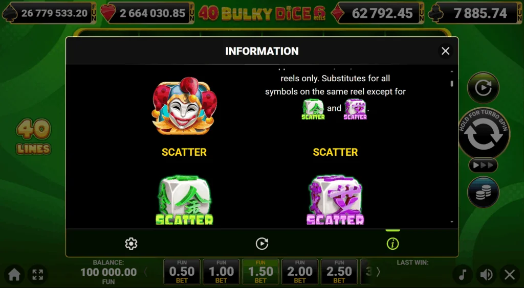 how to play 40 Bulky Dice 6 Reels slot game