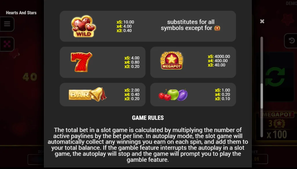 how to play Hearts & Stars slot game