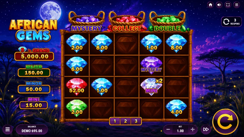 African Gems Hold and Spin demo gameplay how to play