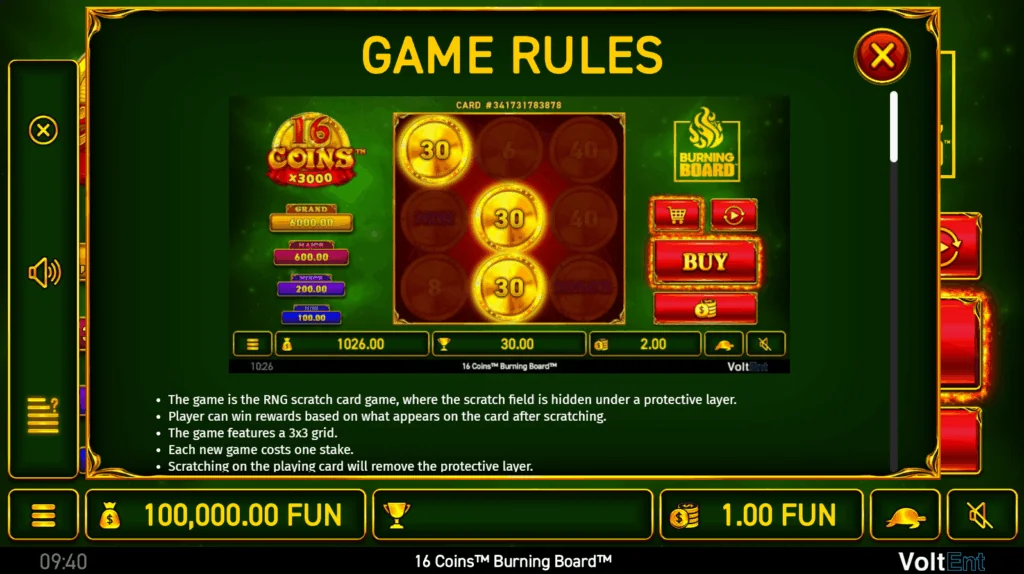 how to play 16 Coins: Burning Board Scratchcard slot game